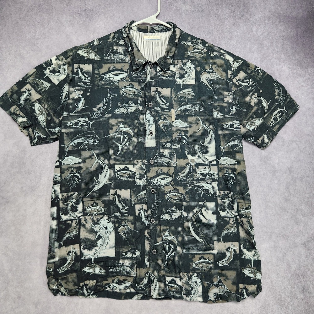 Columbia PFG Vented Fishing Shirt Mens Medium Black Warm Gray‎ Fish Print